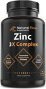 Zinc Supplement Complex with Copper and Vitamin C - Natural Flow 3X Zinc Carnosine, Bisglycinate Chelate, and Orotate, Chelated Zinc Copper, Easy on The Stomach, Skin and Immune Support, 120 Capsules