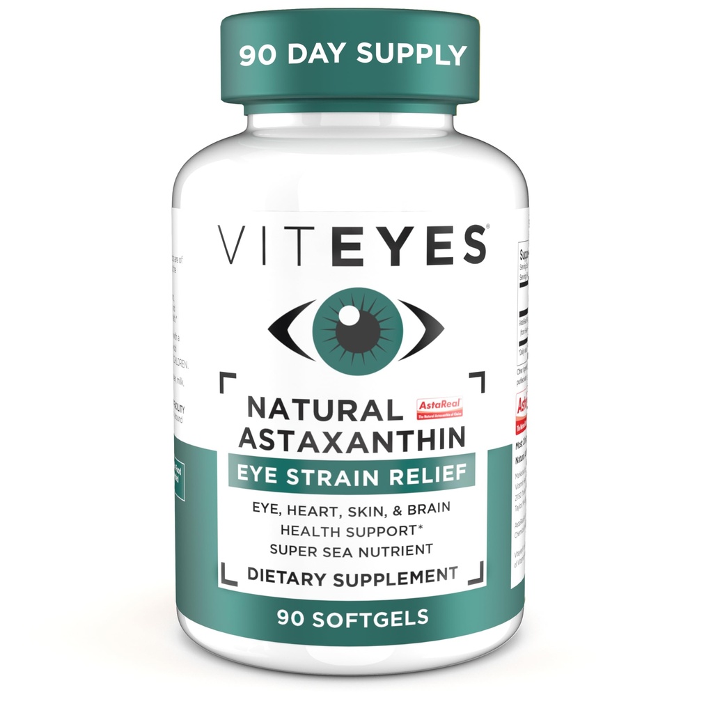 Viteyes Natural Astaxanthin, Relieve Tired Eyes & Eye Strain, Algae, Skin Hydration, Heart & Brain Health, 4 ila 8 mg Natural Astaxanthin, 90 Softgels