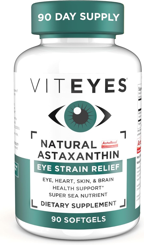 Viteyes Natural Astaxanthin, Relieve Tired Eyes & Eye Strain, Algae, Skin Hydration, Heart & Brain Health, 4 ila 8 mg Natural Astaxanthin, 90 Softgels
