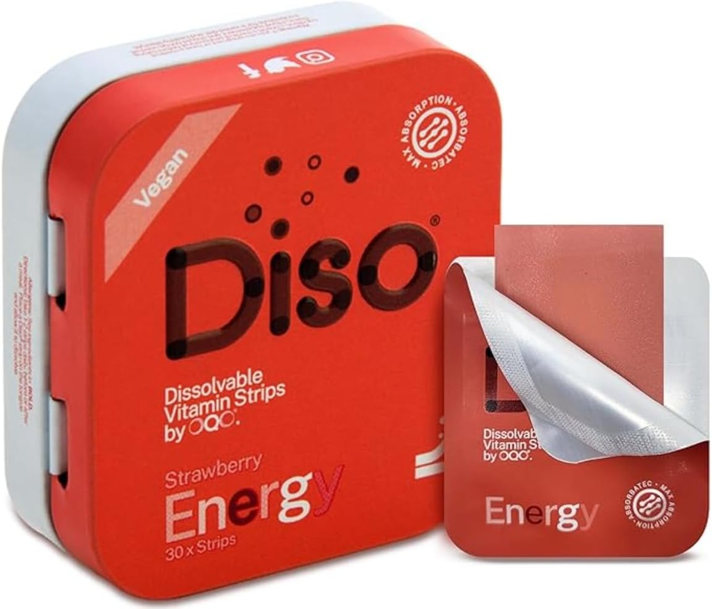 DISO - Enerji - Caffeine Strips'ı Vitaminler, Strawberry Flavor, Vegan, Sugar Free, High Abxia, Gluten Free, Bireysel olarak yuvarlandı, 30 Dissolvable Strips
