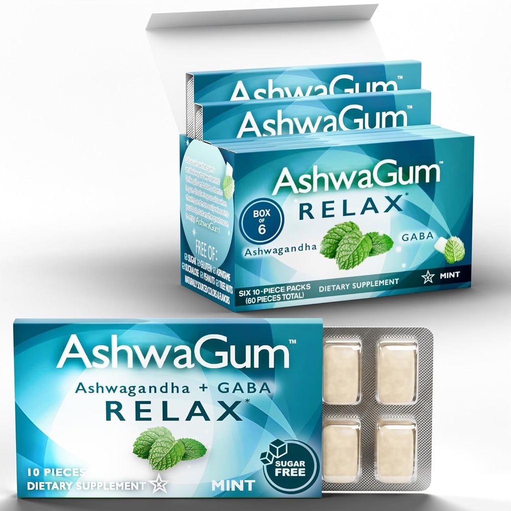 AshwaGum RELAX Gum by BetterGum, High Potency Supplement with KSM 66 Ashwagandha and Gaba, υποστηρίζει το άγχος και την ανακούφιση από άγχος, Cortisol Υποστήριξη, Εναλλακτική για Gummies, Χωρίς ζάχαρη, 10 κομμάτια - 6 Pack