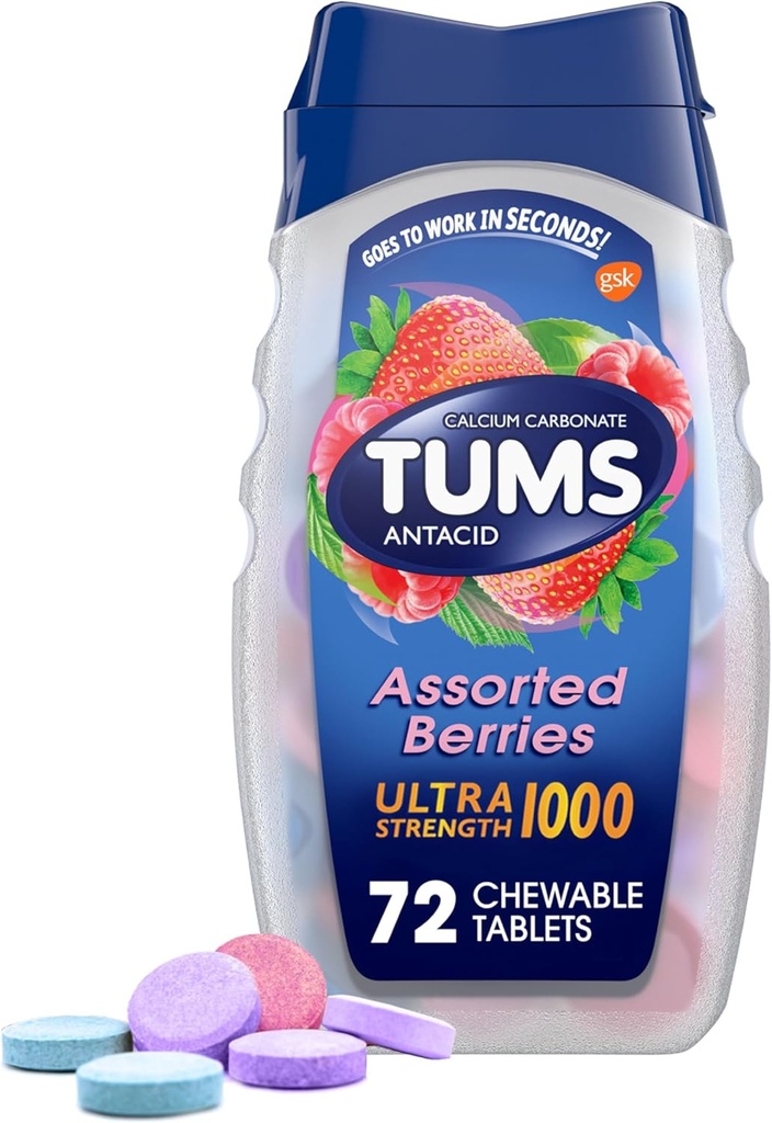 TUMS Ultra Strength Chewable Antacid Tabletleri Heartburn Relief ve Acid Indigestion Relief, Assorted Cave - 72 Kont