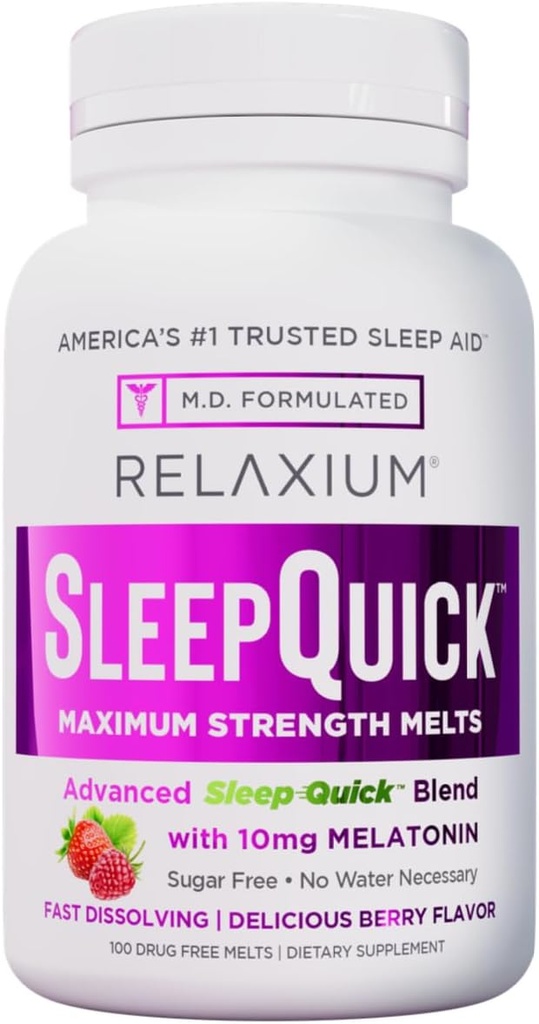 Relaxium Sleep Hızlı En Güçlü Melts, Fast Acting Sleep Aid with 10 mg Melatonin, Drug Free Diyetary Supplement, Vegan, Gluten Free, Made in USA, 100 Services, Berry Flavor