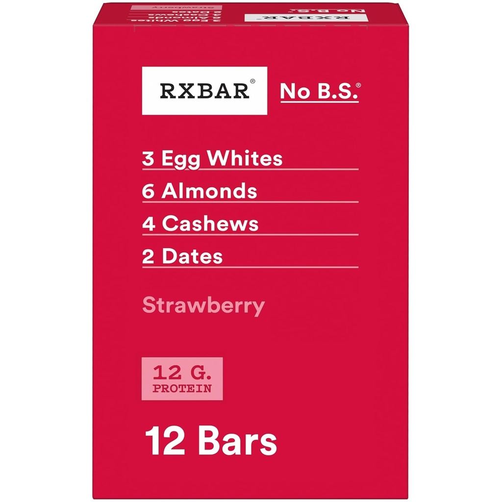 RXBAR Protein Barlar, 12g protein, Gluten Free Snacks, Strawberry, 22oz Box (12 Bars)