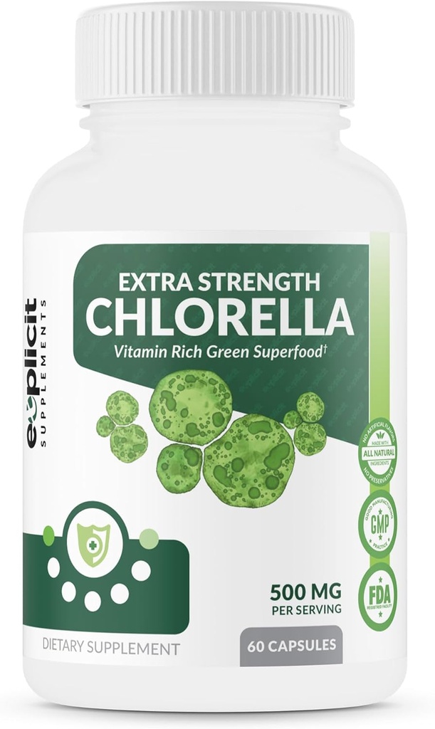 EXplicit Συμπληρώματα επιπλέον δύναμη Chlorella Superfood Κάψουλες σπασμένου κυτταρικού τοιχώματος υψηλής ισχύος Vegan Super Food, 1000mg καθημερινά - 60 κάψουλες