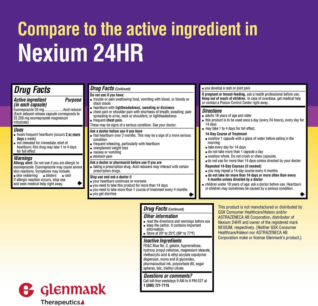 Glenmark Treatments Esomeprazole USP 20mg, Gecikme Kapsülleri, Tedaviler Frequent Heartburn, 42 Capsules