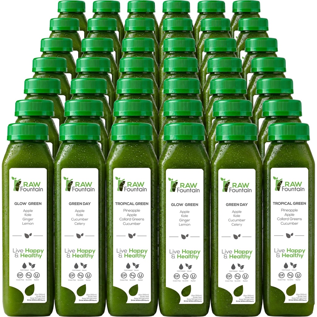 7 Day Green Juice Cleanse by Raw Fountain, All Natural Raw, Vegan Detox, Cold Pressed Juice, 42 Şişe 12oz, 3 Ginger Shots