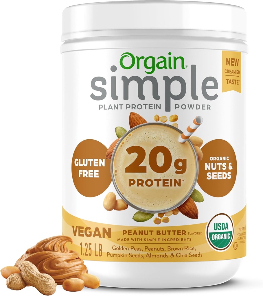 Orgain Organic Simple Vegan Protein Powder, Φυστικοβούτυρο - 20g φυτικής πρωτεΐνης, με λιγότερα συστατικά, χωρίς τεχνητά γλυκαντικά, χωρίς γλουτένη, χωρίς γαλακτοκομικά ή λακτόζη, 1,25 lb (συσκευασία Μαΐου Vary)