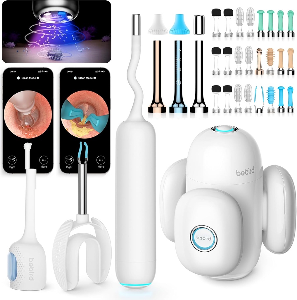 BEBIRD Home 30S Ear Care System - Ear Canal Better with Flex Scope FHD Camera, UVC LED Light, Visual Ear-Drops Dropper, Wax Removal Tweezers Tool to Clean Ear, 3 Set Temizlik Kits for Adult/Kids