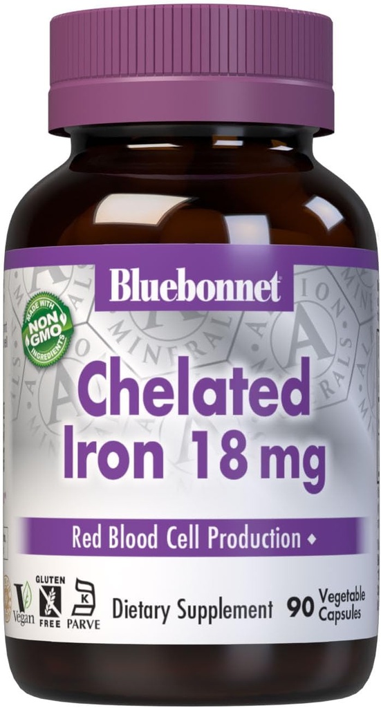 Bluebonnet Nutrition Chelated Iron 18 mg - μη ενισχυτικός σίδηρος - Χωρίς σόγια, χωρίς γλουτένη, μη ΓΤΟ, Kosher Certified, χωρίς γαλακτοκομικά, Vegan - 90 κάψουλες λαχανικών, 90 Servings