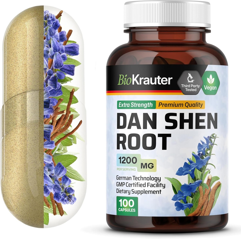 BIO KRAUTER Dan Shen Root Capsules - 1200 mg Strength - 100 Red Sage Caps - Antioksi Kaynağı - Salvia Miltiorrhiza Root - Vegan