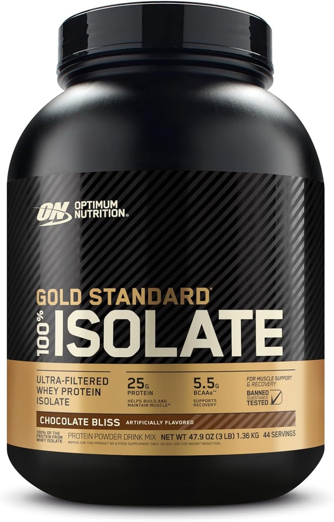Optimum Nutrition Gold Standard 100% Isolate, Protein Powder, Chocolate Bliss, 3 Pounds, 44 Servings. Whey Protein Isolate (Packaging May Vary)
