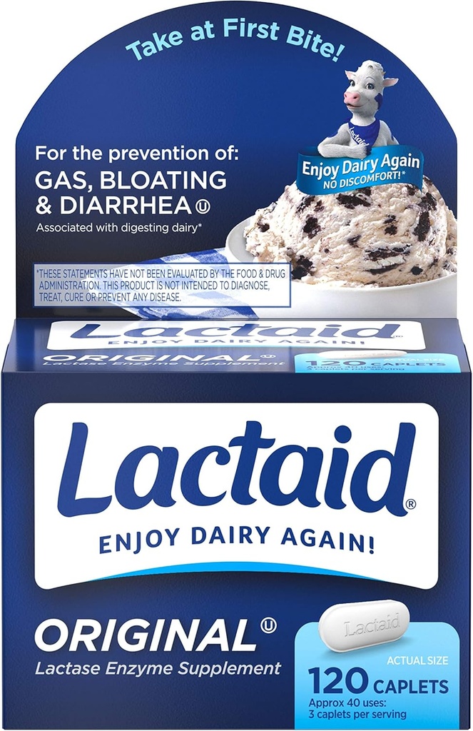Lactaid Lactase Enzyme Caplets Original - 120 Caplets, Συσκευασία των 6