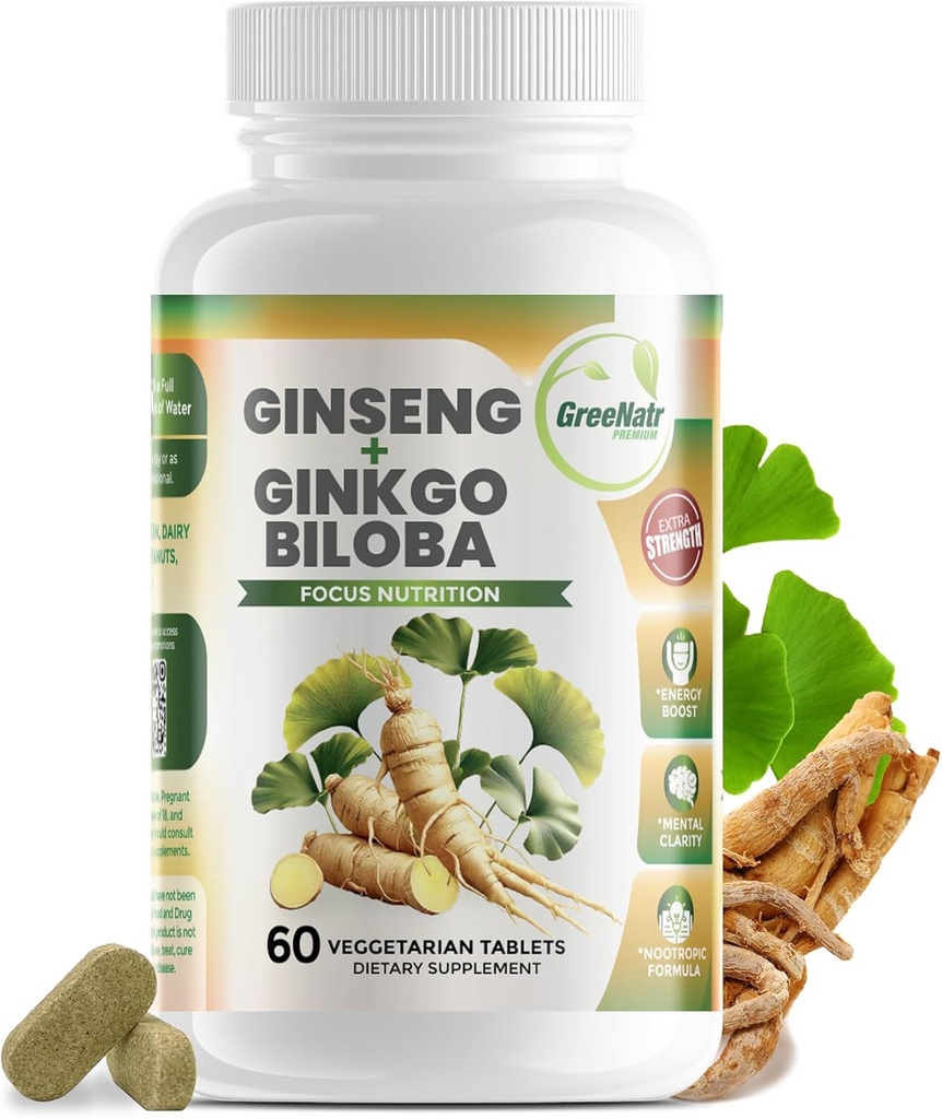 GreeNatr Ginko Biloba & Panax Ginseng συμπλήρωμα - Κόκκινο Ginseng συμπλήρωμα εγκεφάλου για τη μνήμη και εστίαση - Ginkgo Biloba συμπληρώματα για την καλή όραση, ανοσοποιητικό σύστημα και βελτιωμένη ροή αίματος - 60 δισκία