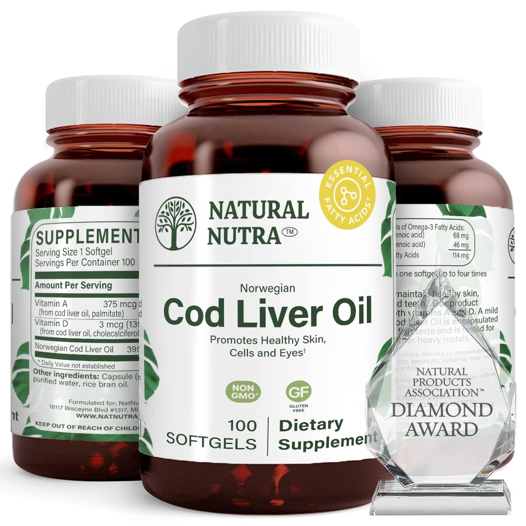 Doğal Nutra Norveçli Cod Liver Oil Supplement, Skin'i korumak için yardımcı olur, Vücut Yoğunluğu, Göz Sağlığı ve Sinir Fonksiyonları, Diş Sağlığı, Destekler Cardiovascular Health, 100 Softgels
