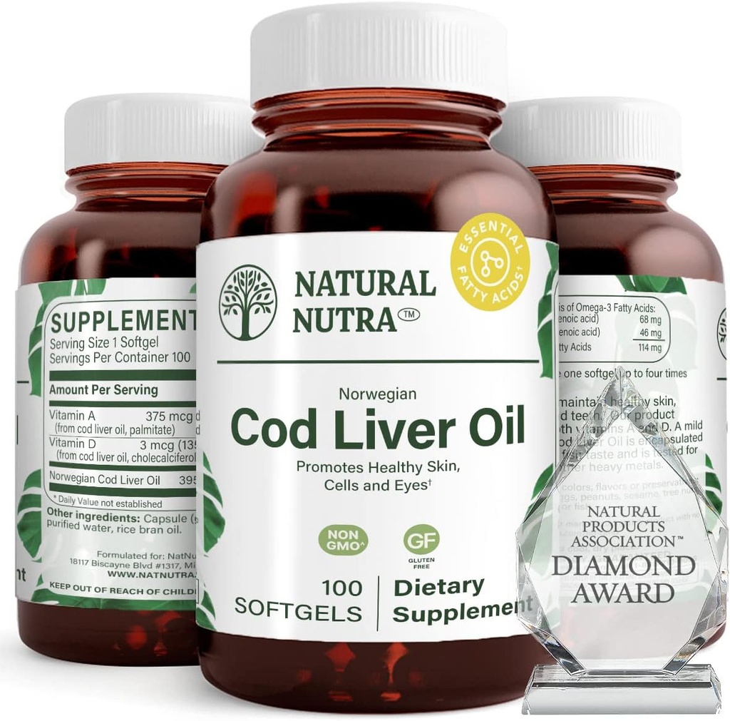 Doğal Nutra Norveçli Cod Liver Oil Supplement, Skin'i korumak için yardımcı olur, Vücut Yoğunluğu, Göz Sağlığı ve Sinir Fonksiyonları, Diş Sağlığı, Destekler Cardiovascular Health, 100 Softgels