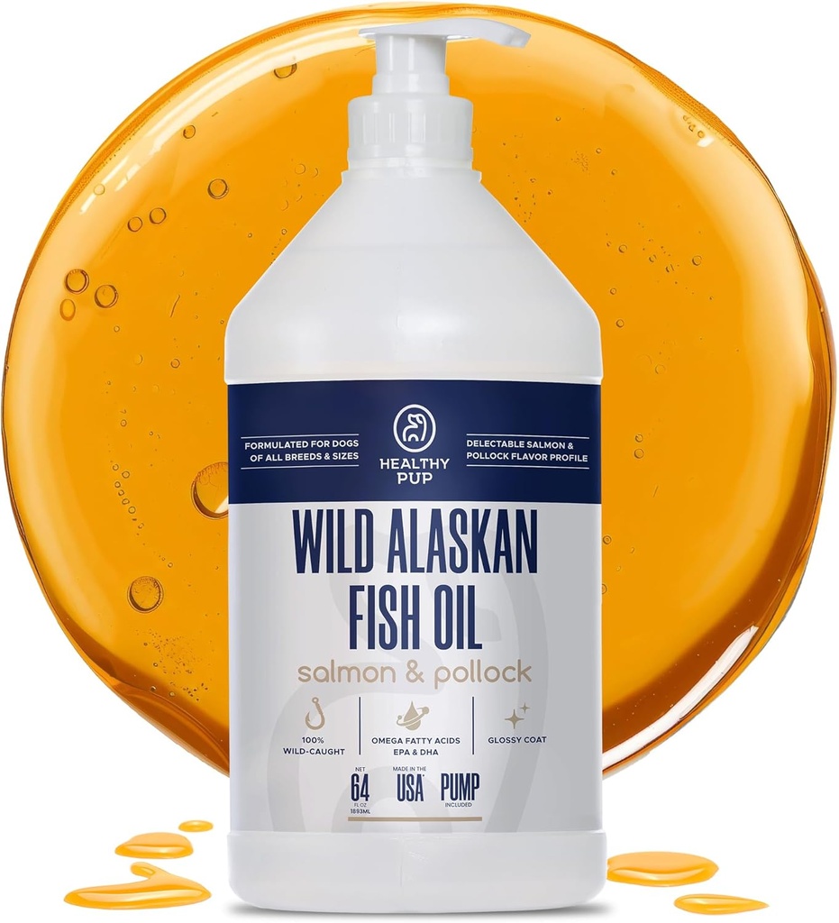 Wild Alaska Salmon Oil for Dogs with Pollock - 64 oz of Pollock and Salmon Oil, Omega 3, EPA, και DHA - Dogs Skin and Coat Supplement - Made in USA