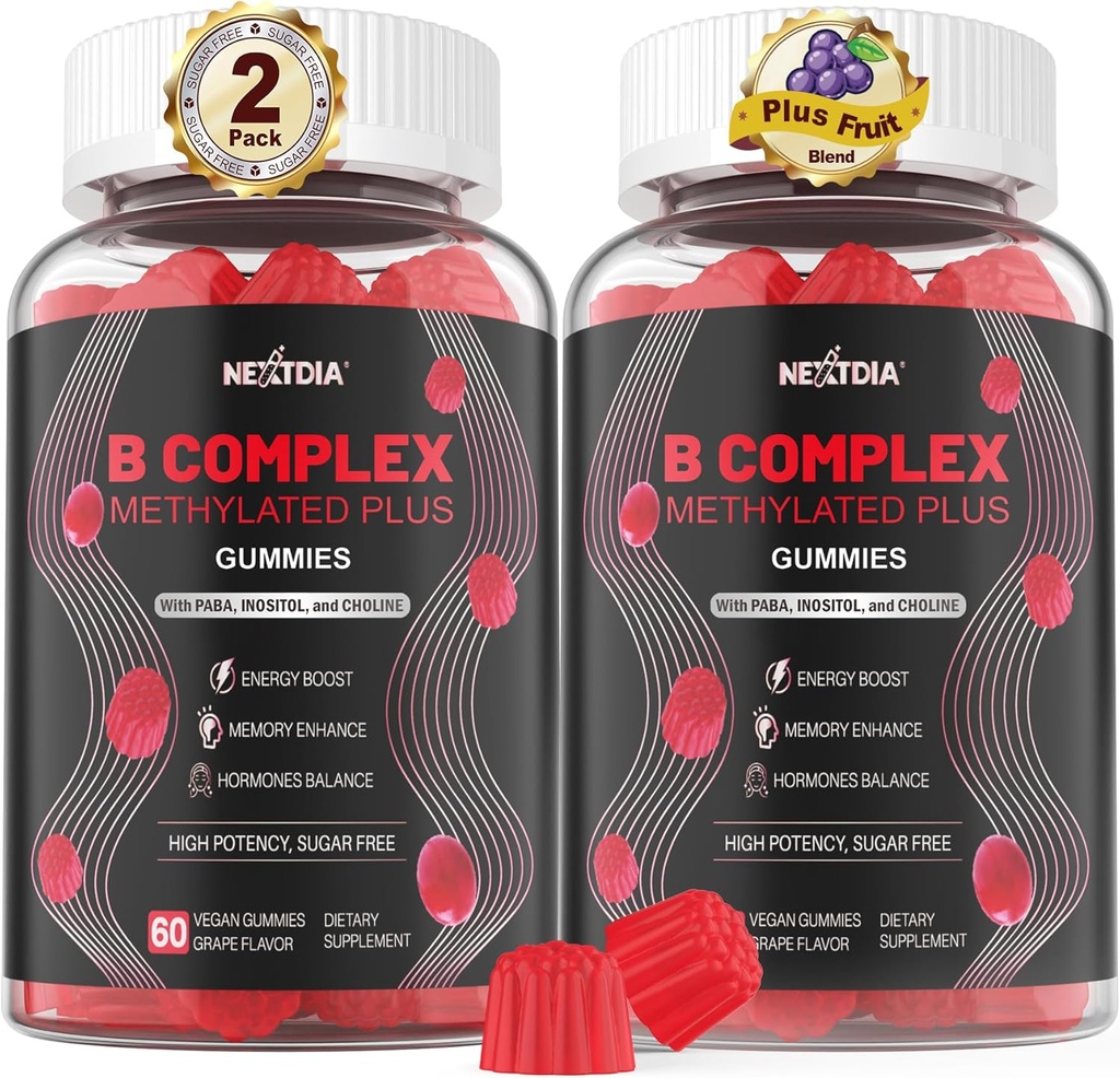 Brain & Mood Support Gummies, Super Vitamin B Kompleks for Men & Women, All B1 B2 B3 B5 B6 B7 Folate MethyB12 with PABA, Inositol, Choline, Supports MTHFR Gen & Energy, Vegan, 120Ct