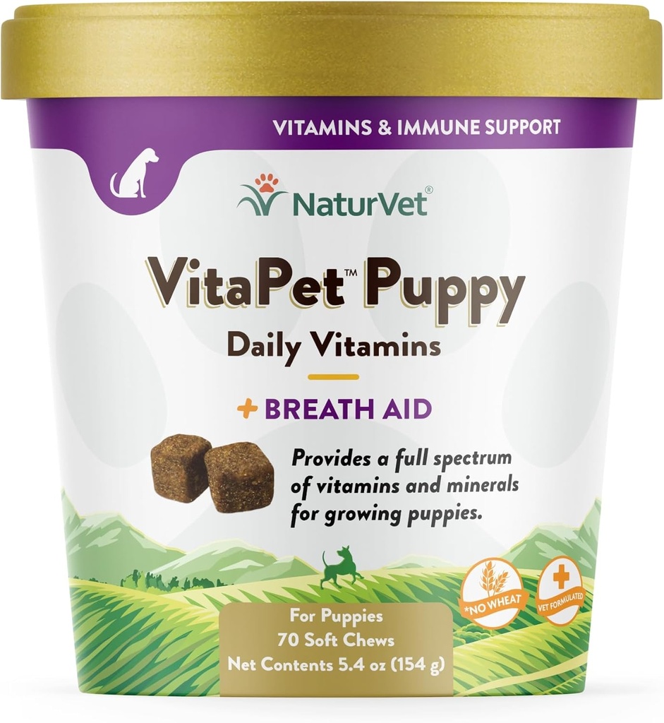 NaturVet – VitaPet Puppy Daily Vitamins for Dogs – Plus Breath Aid – Συγκεκριμένα σχεδιασμένα για να παρέχουν κουτάβια με τις βασικές βιταμίνες, τα ορυκτά, τα αμινοξέα και τα λιπαρά οξέα (70 μαλακά μάσημα)