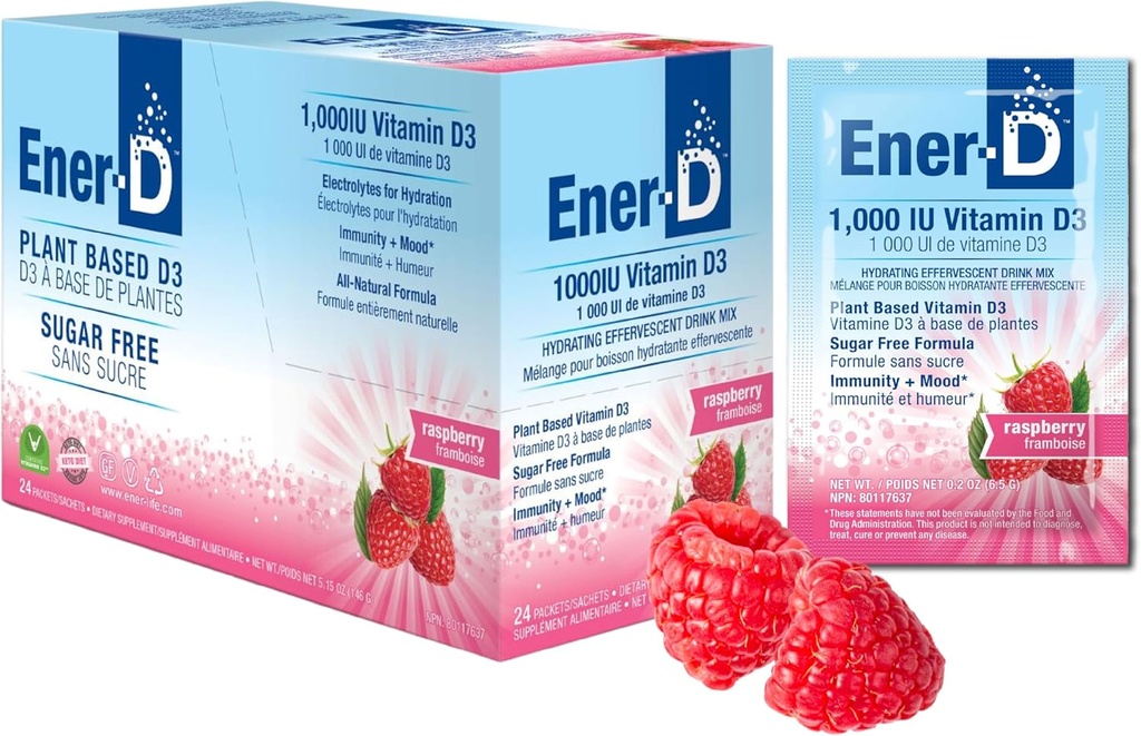 Ener-D Sugar Free Multivitamin Drink Mix - Vitamin D3 Toz for Water, Electrolytes Toz No Sugar, Hydration Boost Packets, Zero Sugar, Vitamin D3 Supplement Liquid Mix - Raspberry, 24 Count