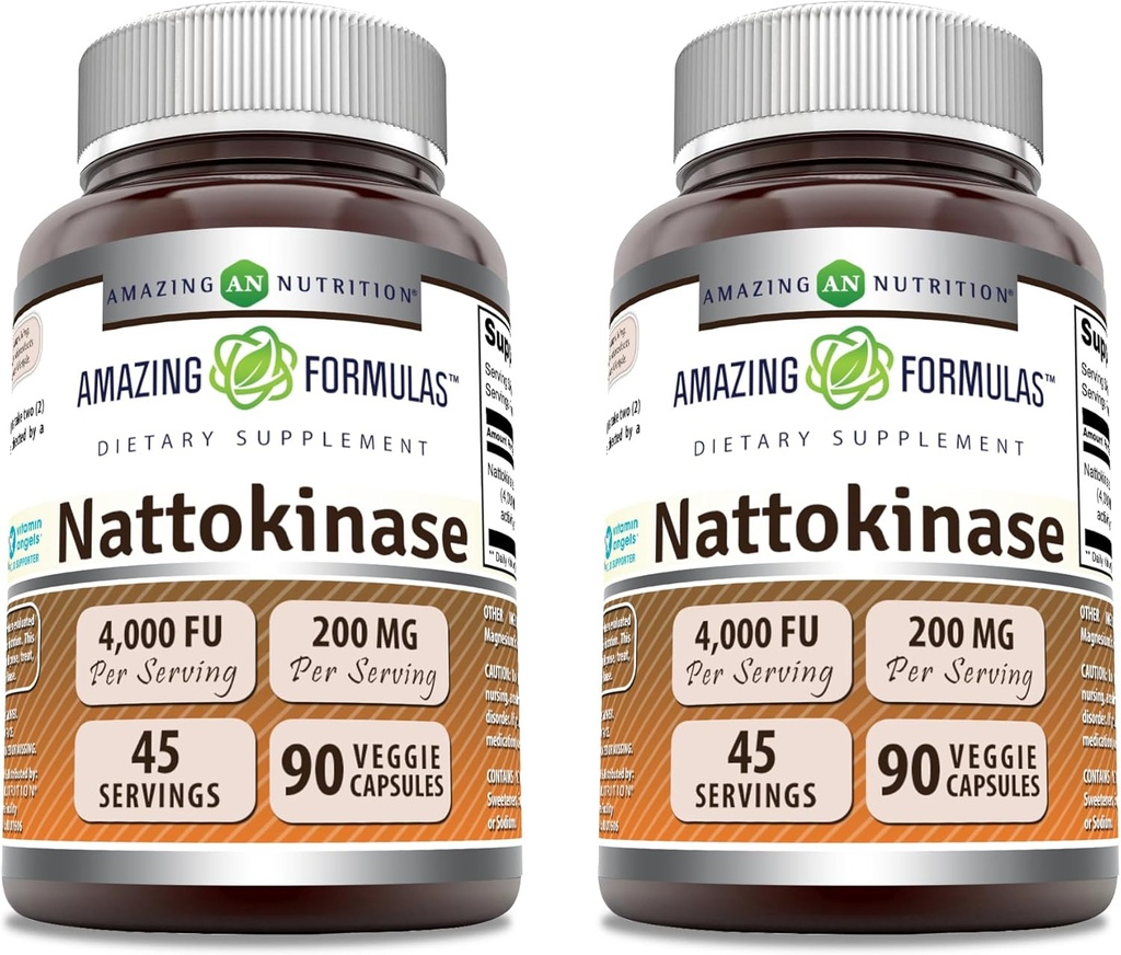 Amazing Formulas Nattokinase Diyetary Supplement 100 mg Veggie Capsules Supplement | 2000 FU Enzyme Activity | Non-GMO | Gluten Free | Made in USA (90 | Count 2 Pack)