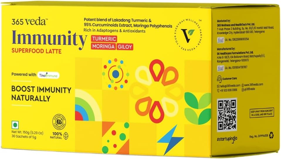 Moringa & Giloy, Turmeric, 100% Doğal Malzemeler ile Latte'yi Güçlendirmek, Gluten Free On-Go Sachets Kont (30)
