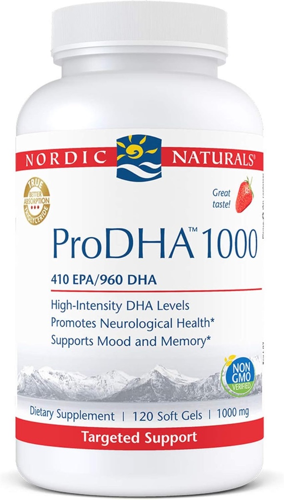 Nordic Naturals ProDHA 1000, Strawberry - 120 Soft Gels - 1660 mg Omega-3 - Nörolojik Sağlık için Yüksek Lisans DHA Formula, Mood & Memory - Non-GMO - 60 Hizmetler