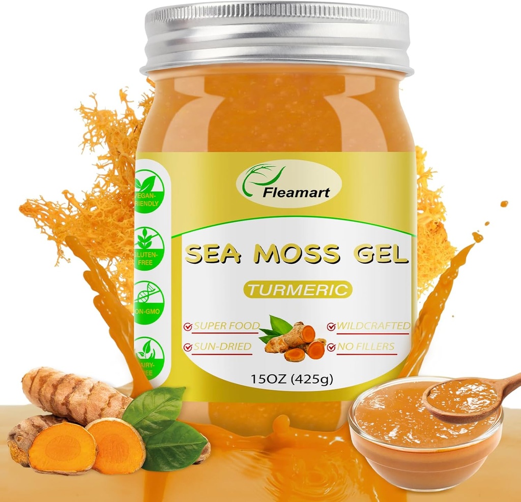 15OZ Natural Wildcrafted Raw Sea Moss Gel Immune Support, Sağlıklı Digestion, Tiroid Desteği Vahşi Yasaklı Altın Deniz Moss Gel Minerallerde Zengin, Proteinler ve Vitaminler, Turmeric Flavor