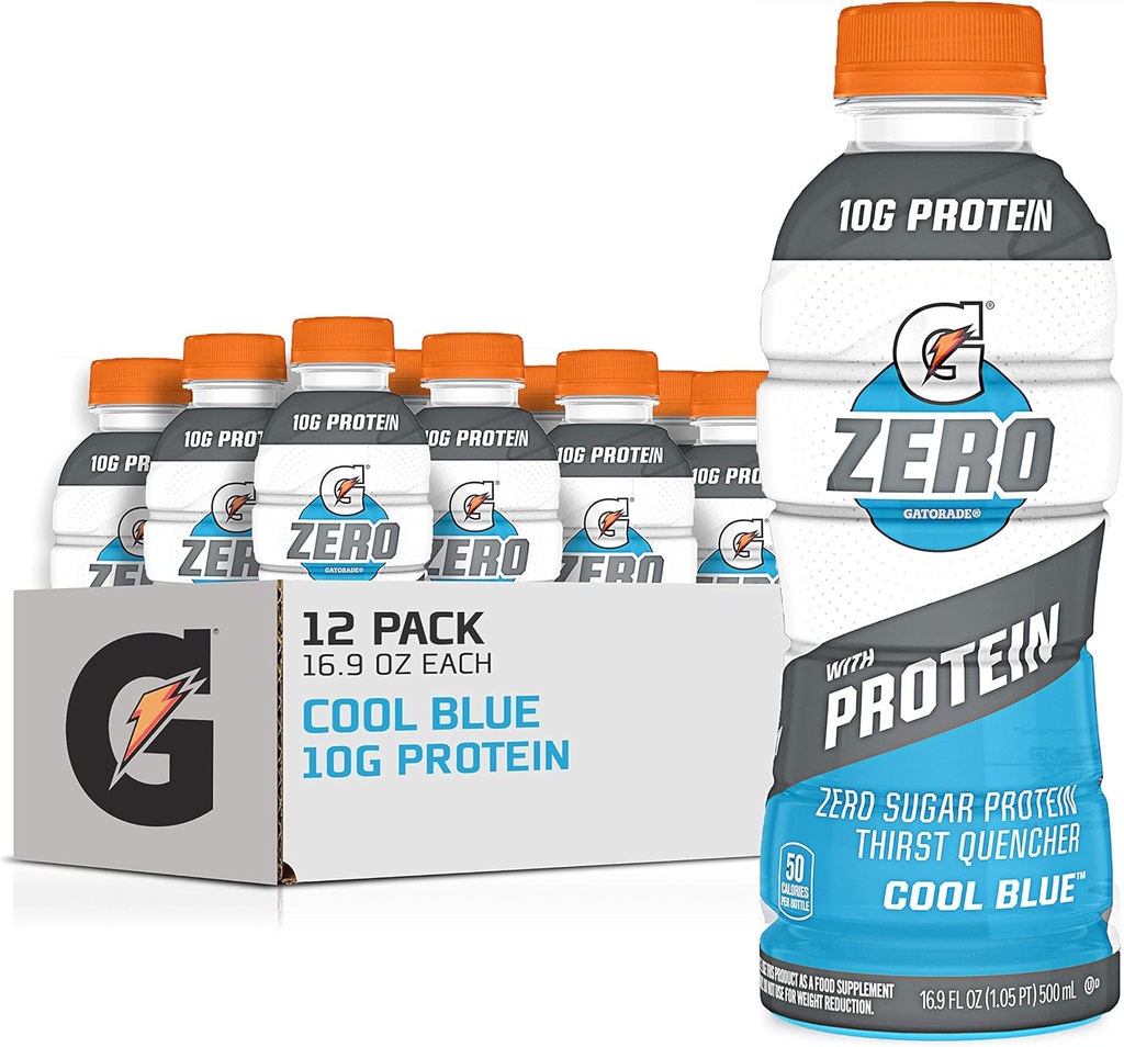 Gatorade Zero Protein, 10g Whey proteini, Zero Sugar, vejetaryen, sıvı Electrolytes, Cool Blue, 16.9 Fl Oz Şişe, 12 Pack