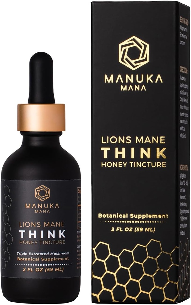Lions Mane Think Honey Tincture USA Wild Harvested Lions Mane, Triple Extracted Tincture, Manuka Honey (MGO 150+), 100% Fruiting Body, 2 fl oz (60 Servings)