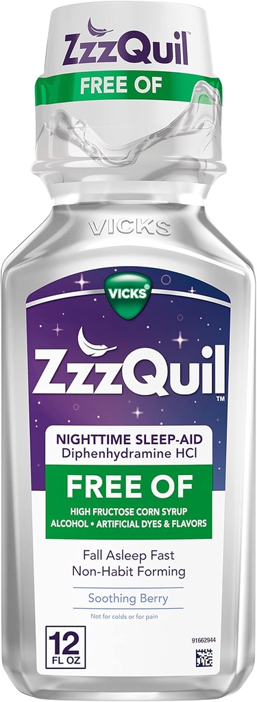 ZzzQuil, Nighttime Sleep Aid Liquid, Free of Alcohol & Artificial Dyes, 50 mg Diphenhydramine HCl, No.1 Sleep Aid Brand, Fall Asleep Fast, Non-Habit Forming, Soothing Berry Flavor, 12 FL OZ