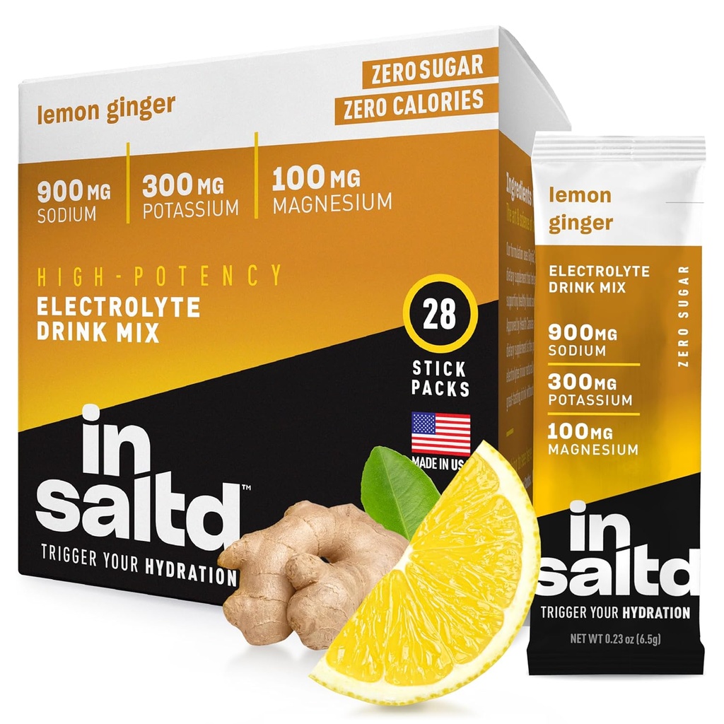 INSALTD™ Sugar-Free Electrolytes Powder Packets with No Stevia Aftertaste | High-Potency Hydration Packets | Keto Electrolyte Drinks | Intermittent Fasting Drink Mix | 28 Pack (Lemon Ginger)