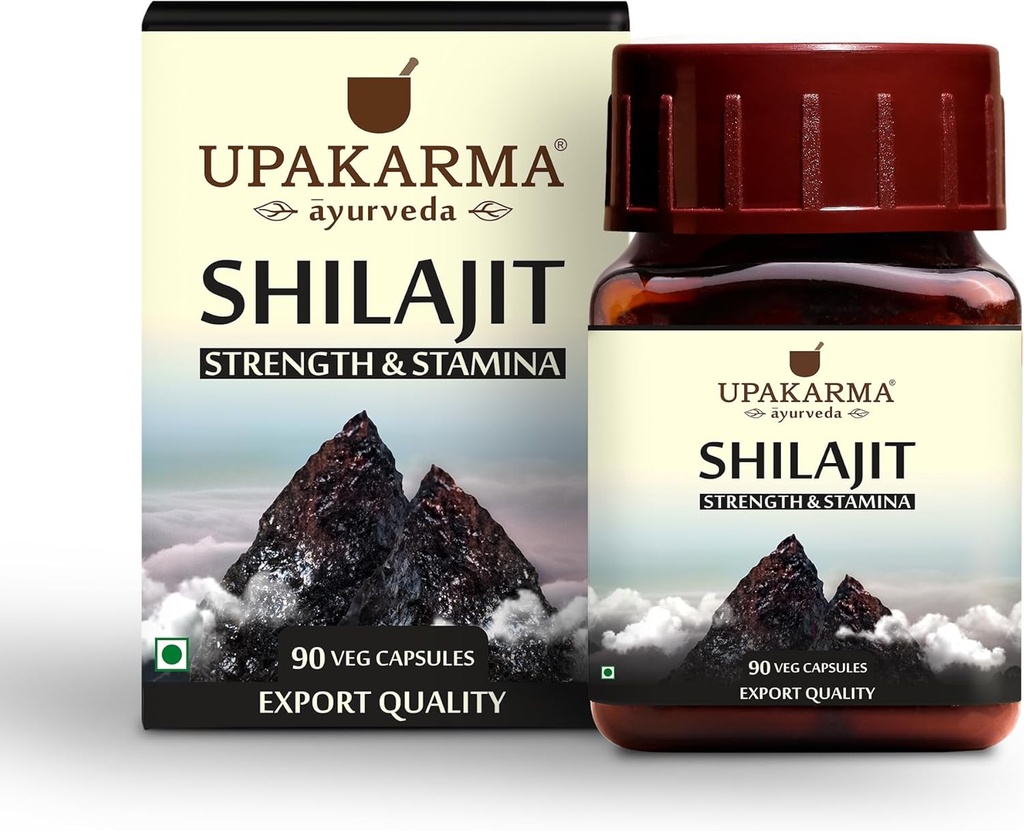 Upakarma Ayurveda 100% Pure Shilajit 90 κάψουλες για τη δύναμη,Σταμίνα, Υποστήριξη Impune,Φυσική πηγή Fulvic Acid & Trace Minerals-1000 MG για 2 κάψουλες (Καθημερινή δοσολογία), 45 ημέρες εφοδιασμού - Συσκευασία του 1