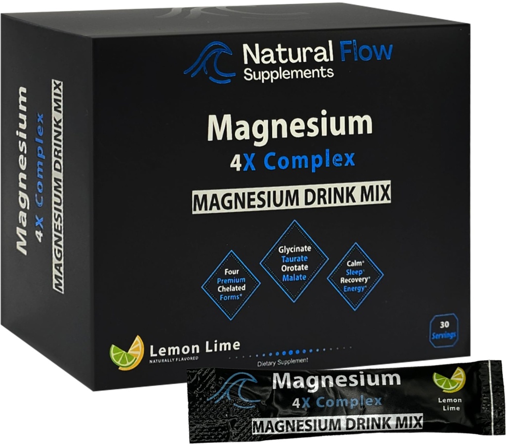 Magnezyum Toz İçecek Paketleri - Limon/Lime - Doğal Akış 4X Magnezyum Glycinate, Taurate, Malate, Orotate Supplement, Calm Sleep and Cramp Support Blend, No Mag Citrate or Hoffman, 30 Stick Packs
