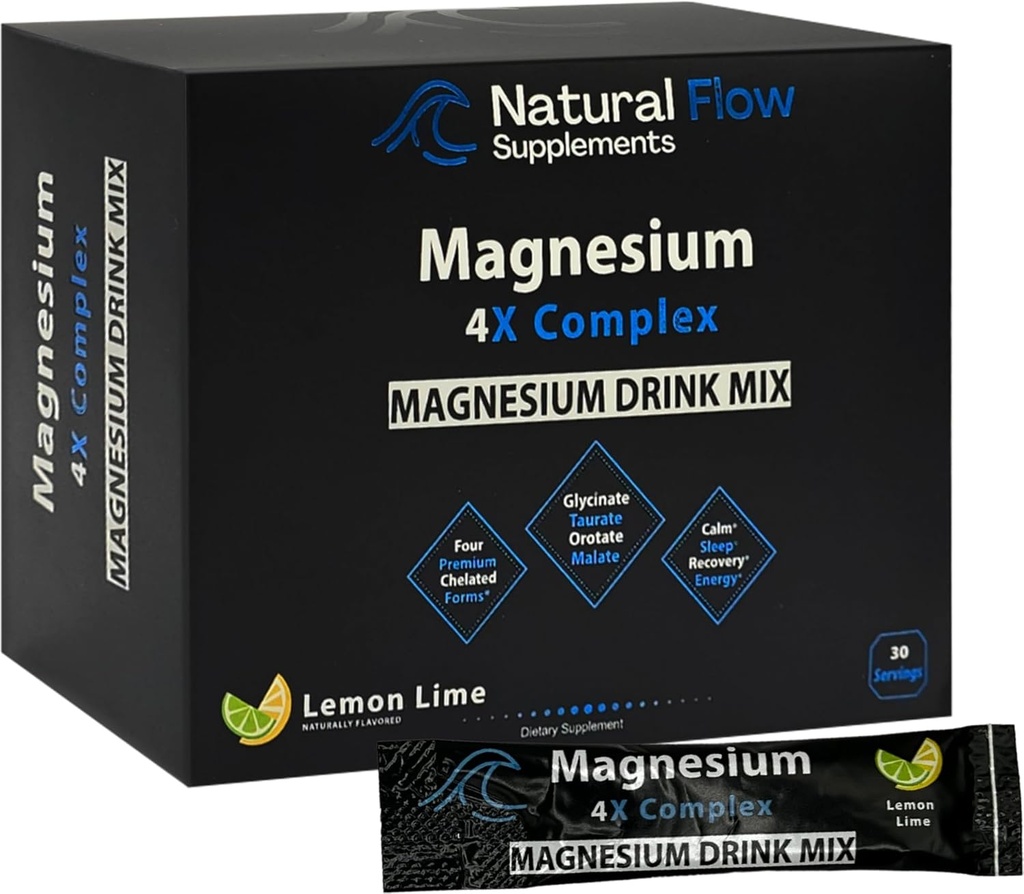Magnezyum Toz İçecek Paketleri - Limon/Lime - Doğal Akış 4X Magnezyum Glycinate, Taurate, Malate, Orotate Supplement, Calm Sleep and Cramp Support Blend, No Mag Citrate or Hoffman, 30 Stick Packs