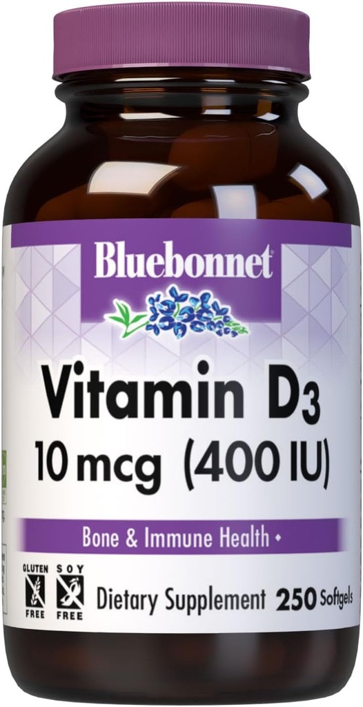 Διατροφή Bluebonnet Βιταμίνη D3 400 IU Softgels, Βοηθήματα στη μυϊκή και σκελετική ανάπτυξη, Cholecalciferol από ιχθυέλαιο, μη ΓΤΟ, Χωρίς γλουτένη, Χωρίς σόγια, Χωρίς γαλακτοκομικά, 250 Softgels