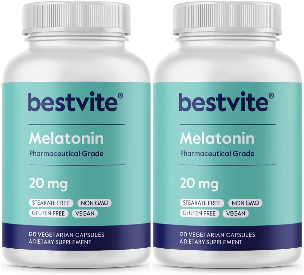BESTVITE Μελατονίνη 20mg (240 κάψουλες χορτοφάγων) (120 x 2) - Όχι Stearates - Vegan - Μη ΓΤΟ - Χωρίς γλουτένη