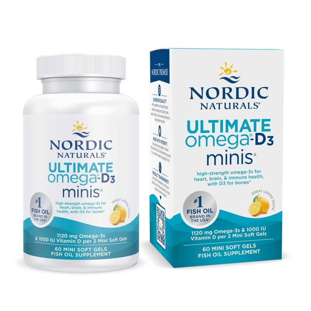 İskandinav Naturals Ultimate Omega Mini D3, Limon Flavor - 60 Mini Soft Gels - 1120 mg Omega-3 + 1000 IU Vitamin D3 - EPA & DHA - Beyin & Kalp Sağlığını Teşvik - 30 Hizmet