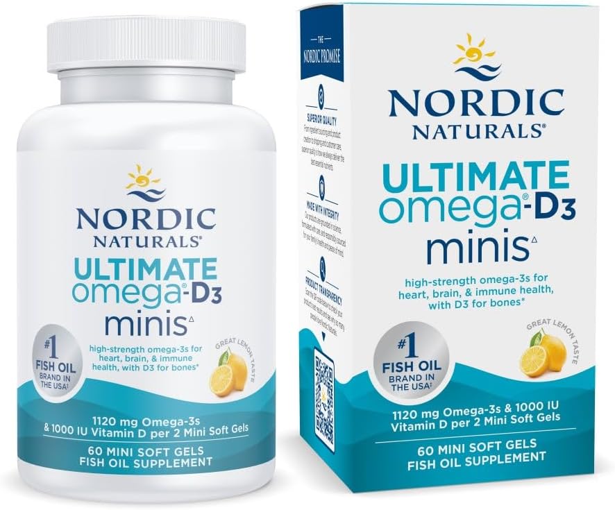 İskandinav Naturals Ultimate Omega Mini D3, Limon Flavor - 60 Mini Soft Gels - 1120 mg Omega-3 + 1000 IU Vitamin D3 - EPA & DHA - Beyin & Kalp Sağlığını Teşvik - 30 Hizmet
