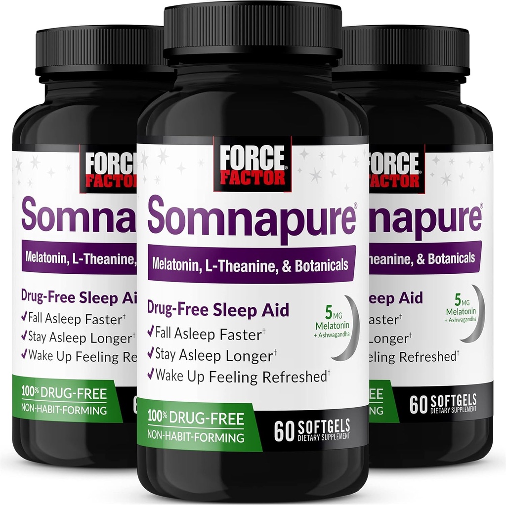 FORCE FACTOR Somnapure Softgels 3Pack Sleep Aid to Fall Asleep Faster, Stay Asleep Longer, Wake Up Reneed, Sleep Aid for Yetişkinler with Melatonin, Ashwagandha, Valerian Root, 180 Softgels