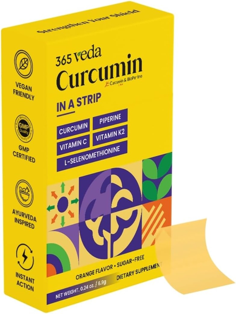Turmeric Curcumin Strips from Turmeric Root Extract, Piperine, Vitamin C, Vitamin K2, Non GMO, Sugar Free, May support Liver - 30 Oral Strips (Orange)