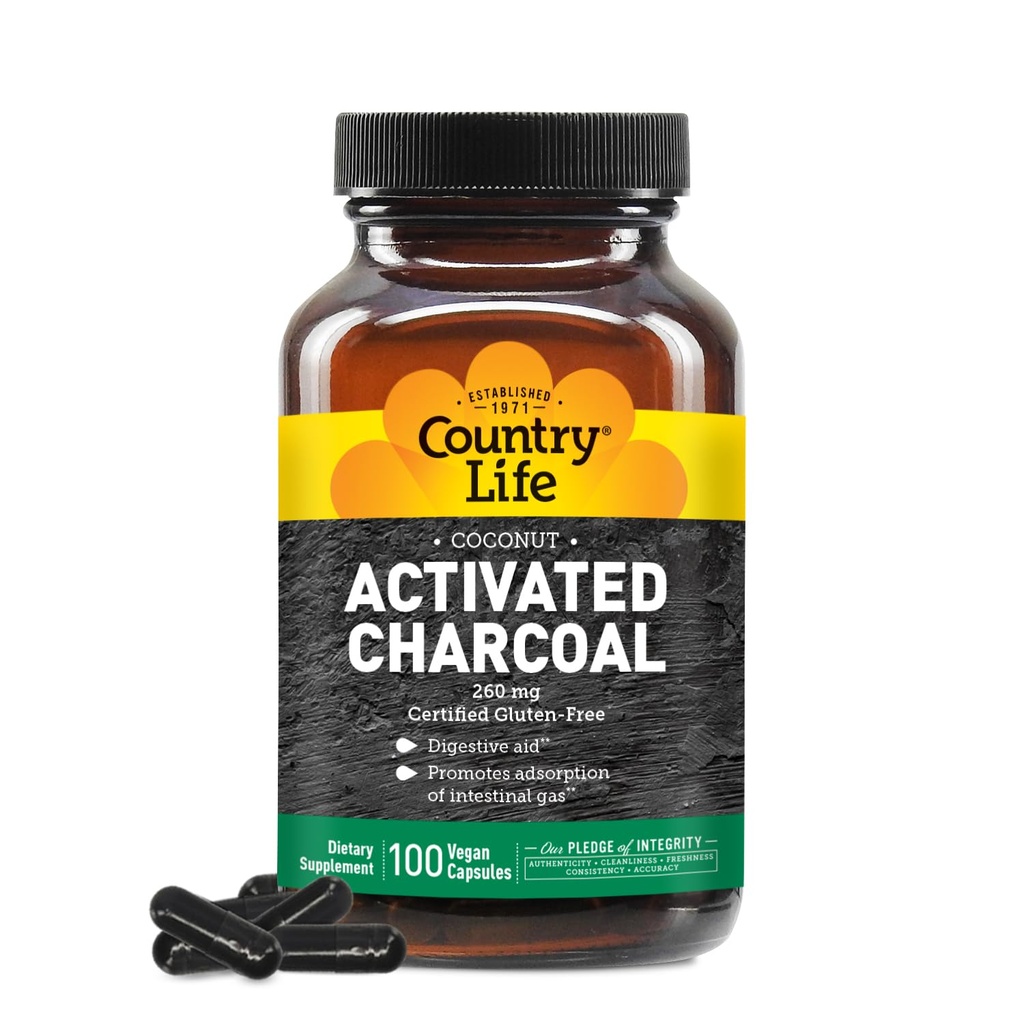 Country Life Coconut aktif Charcoal Capsules, 260 mg - Doğal Charcoal Supplement for Gas and Bloating Relief - Gluten-Free, 100 Vegan Capsules