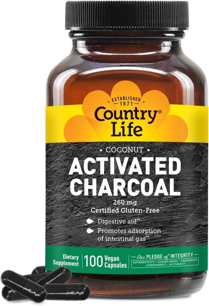 Country Life Coconut aktif Charcoal Capsules, 260 mg - Doğal Charcoal Supplement for Gas and Bloating Relief - Gluten-Free, 100 Vegan Capsules
