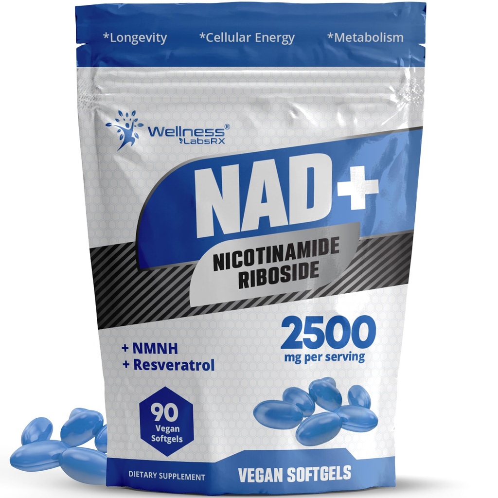 WELLNESS LABSRX Liposomal NAD+ Tamam - Üçüncü Taraflı Test Edilmiş NAD Softgels Nicotinamid Riboside Resveratrol - Kadınlar için 2500 mg Liposomal NAD Supplements - Longevity Support - Made in USA
