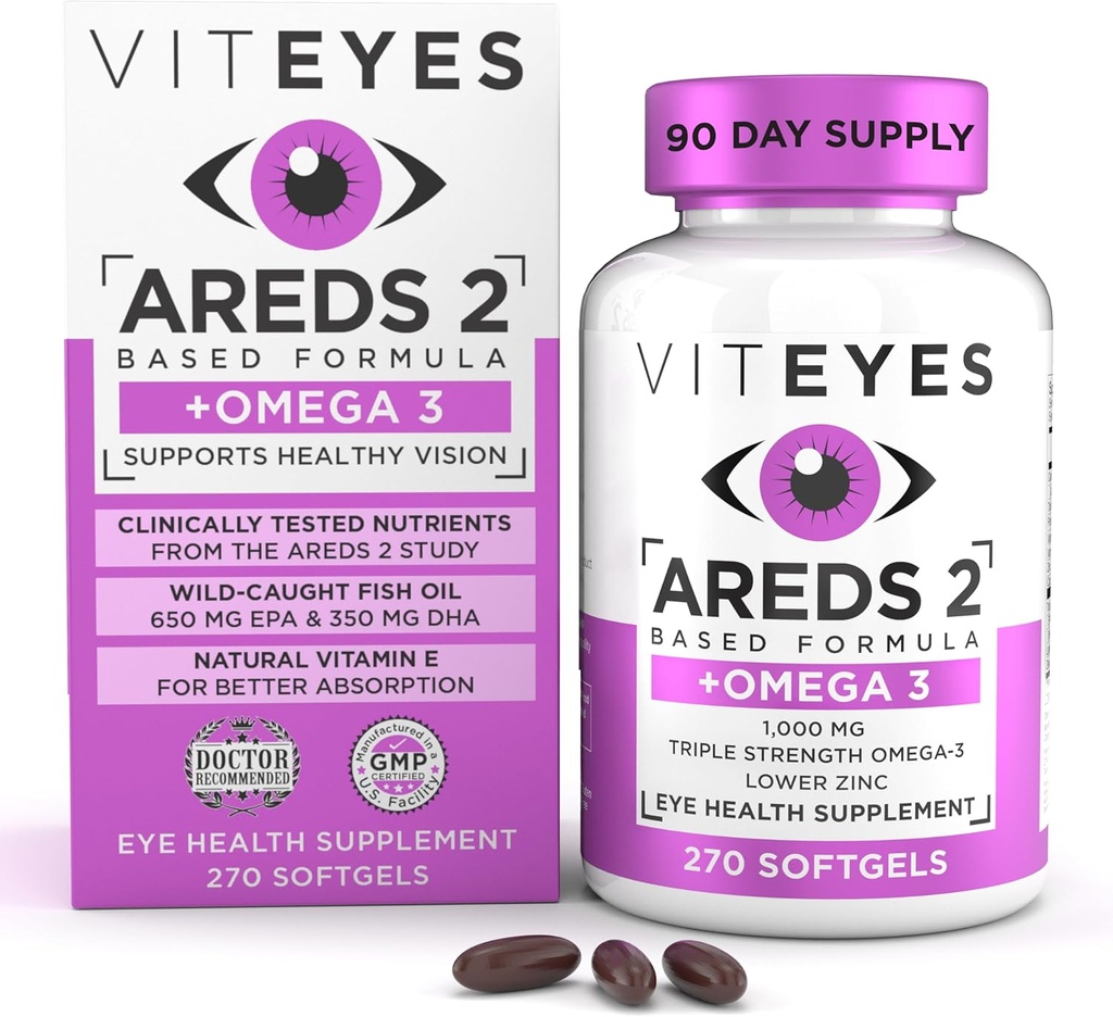 Viteyes AREDS 2 + Ωμέγα-3 Macular Support Softgels, Plus Triple Strength Omega-3 (650 mg EPA, 350 mg DHA) για την υγεία της καρδιάς και των ματιών, βιταμίνες ματιών, συμπλήρωμα όρασης, 270 Softgels