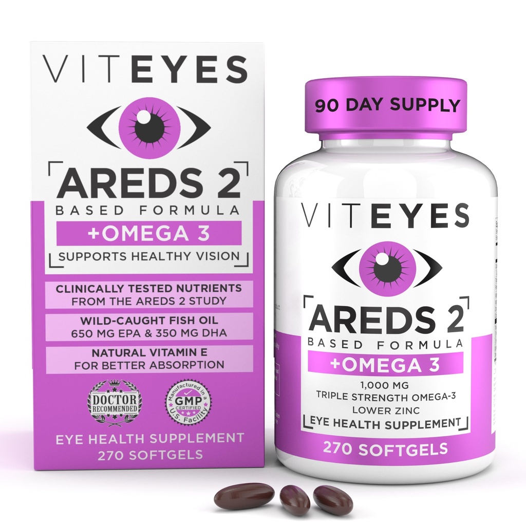 Viteyes AREDS 2 + Omega-3 Macular Destek Softgels, Plus Triple Strength Omega-3 (650 mg EPA, 350 mg DHA) Kalp Sağlığı ve Göz Sağlığı, Göz Vitaminleri, Vizyon Tamam, 270 Softgels