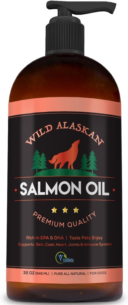 Wild Alaskan Salmon Oil for Dogs, Cats and Pets – 100% Natural Omega-3 Fish Oil Supplement with DHA and EPA Discovers Hip and Common Function, Health Skin and Coat (32 oz)