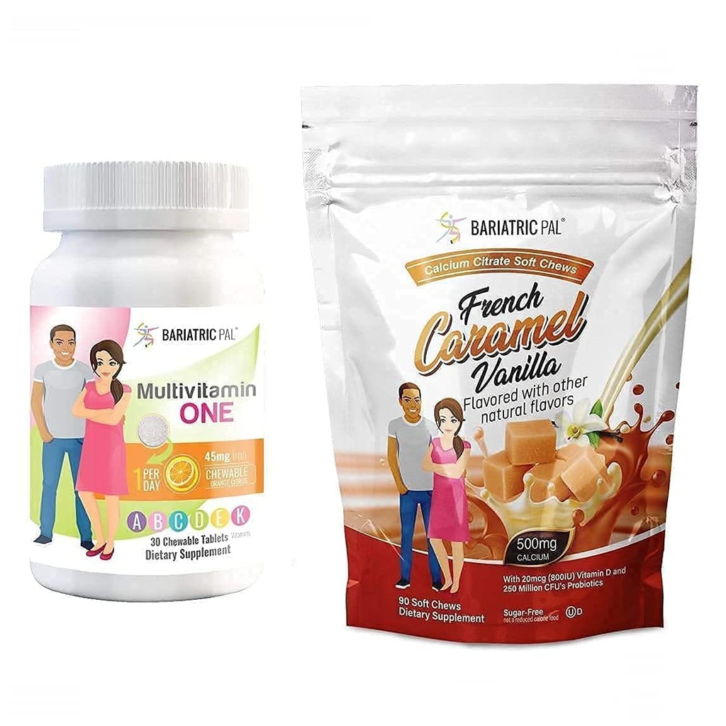 BariatricPal 30-Day Bariatric Vitamin Bundle (Multivitamin ONE 1 ανά ημέρα! with 45mg Iron Chewable - Orange Citrus and Calcium Citrate Soft Chews 500mg with Probiotics - French Caramel Vanilla)