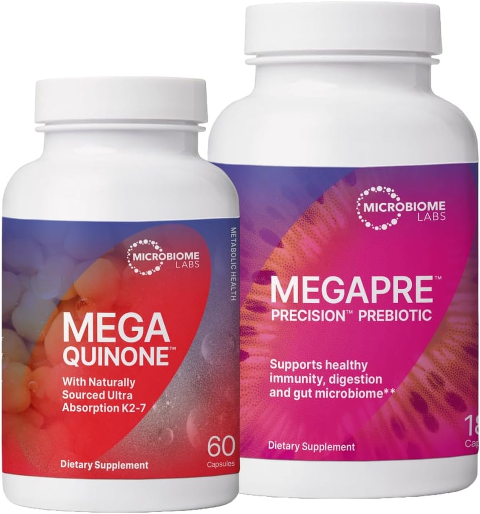 Microbiome Labs MegaPrebiyotik to Support Digestion & Gut Barrier (180 Capsules) + MegaQuinone K2-7 Complete Vitamin K Supplement with Magnezyum, çinko (60 Capsules) - 2 Ürün Grafik