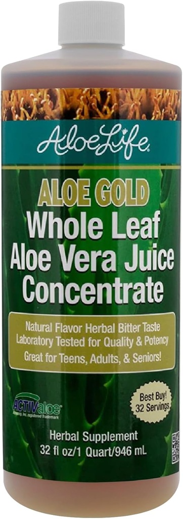 Aloe Life - Whole Leaf Aloe Vera Juice, Certified Organic, Gluten-Free (Aloe Gold, 32 oz)